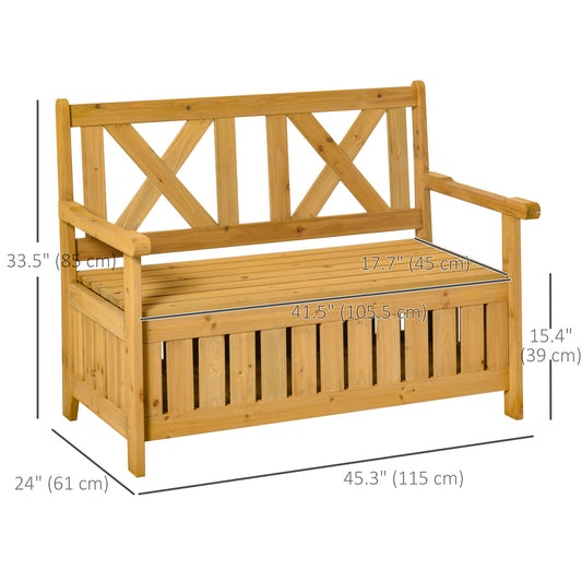 Outsunny Wooden Outdoor Storage Bench 2-Person Patio Bench with Louvered Side Panels and X-Shape Back for Garden, Patio, Yellow