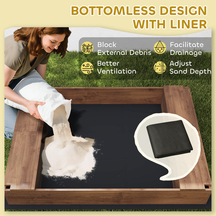 Qaba Kids Sandbox with Full Covered Canopy, Bench Seats, Bottom Liner, for Ages 3-6, 56" x 40" x 52", Brown