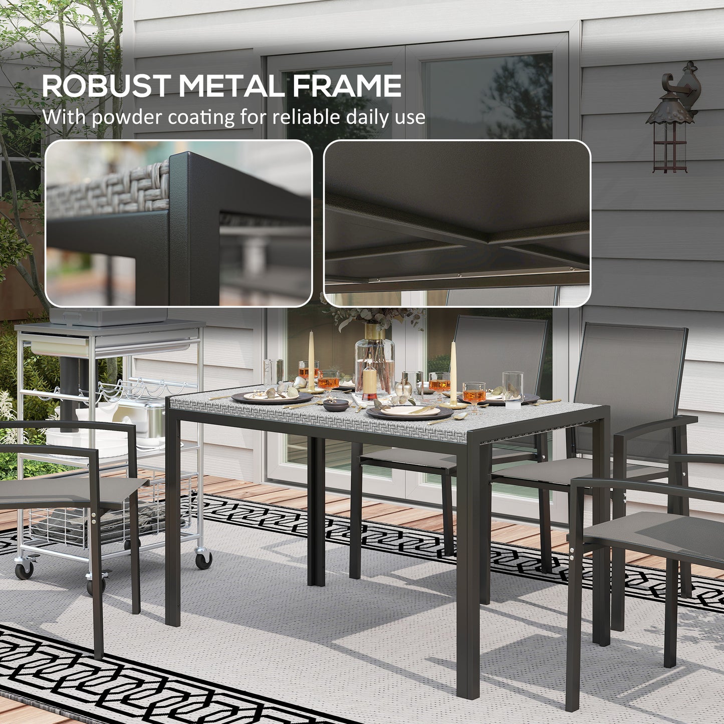Outsunny Rectangular Outdoor Dining Table, 4-Seat Patio Table with PE Rattan Wicker Tabletop for Backyard and Lawn, Grey