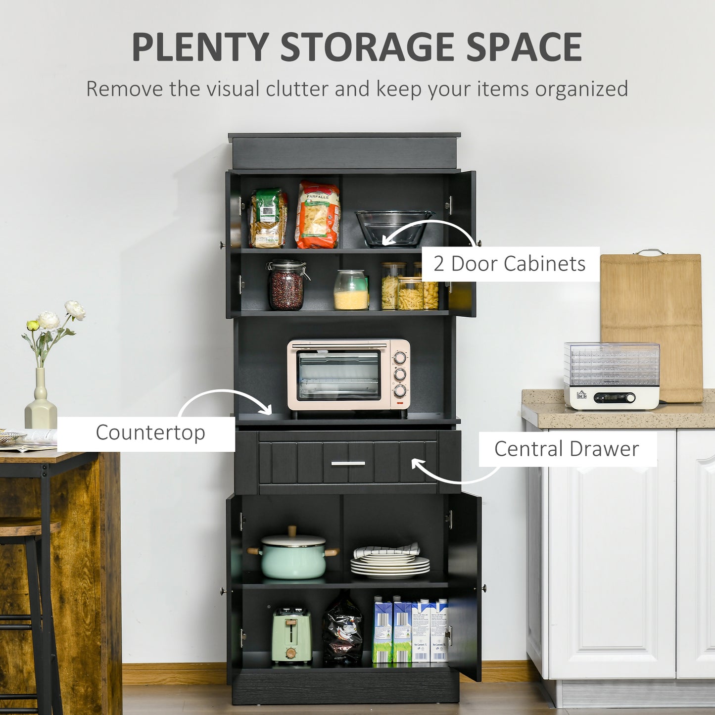 HOMCOM 72" Kitchen Pantry Cabinet, Freestanding Buffet with Hutch, Cupboard with Adjustable Shelf, Utility Drawer, 2 Door Cabinets and Countertop, Black Wood Grain