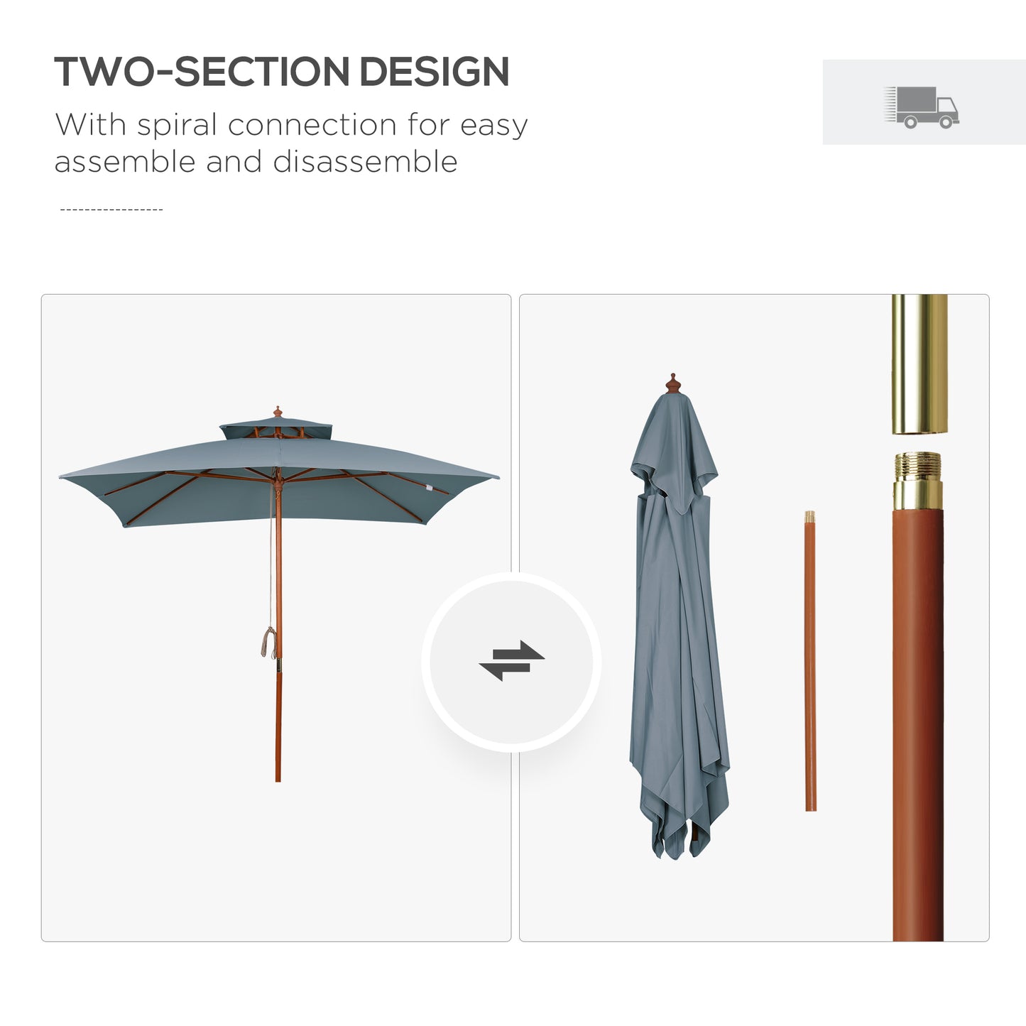 Outsunny 10x10ft Garden Market Parasol Wood Square Patio Umbrella Sunshade Canopy with 2 Pulley Pagoda Style Dark Grey