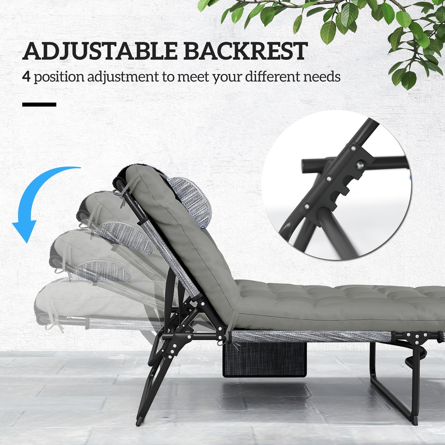 Outsunny 2-Piece Folding Lounge Chairs with Adjustable Backrest, Tanning Chair with Cushion, Side Pocket, Headrest, Grey