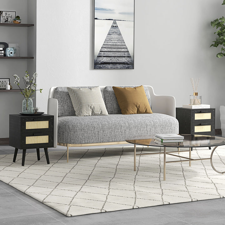 HOMCOM Boho Design Nightstand Set of 2, Side End Table with 2 Drawers for Living Room, Bedroom