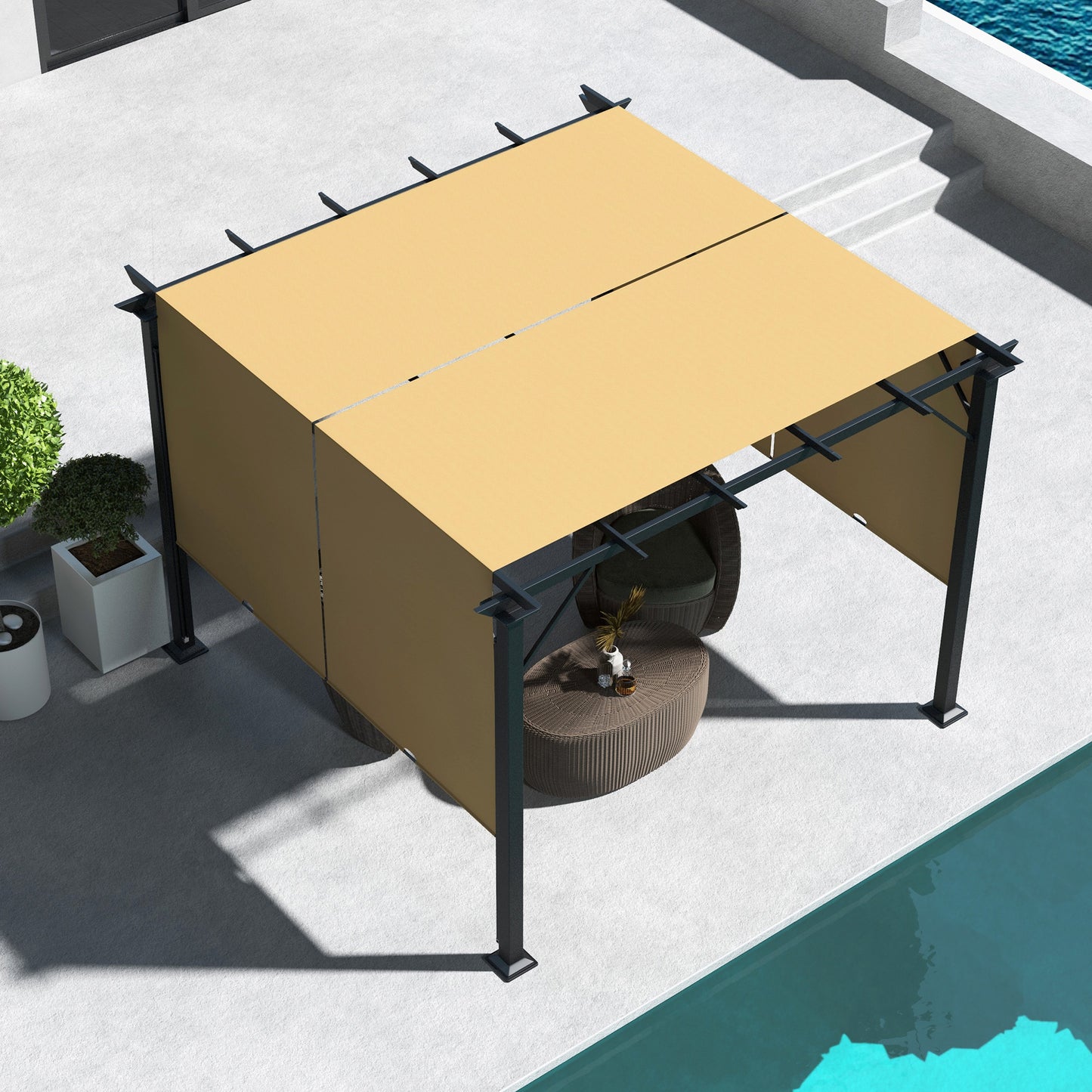 Outsunny 12' x 10' Outdoor Patio Gazebo Pergola with Retractable Canopy Roof, Steel Frame with Stakes, Unique Design, Beige