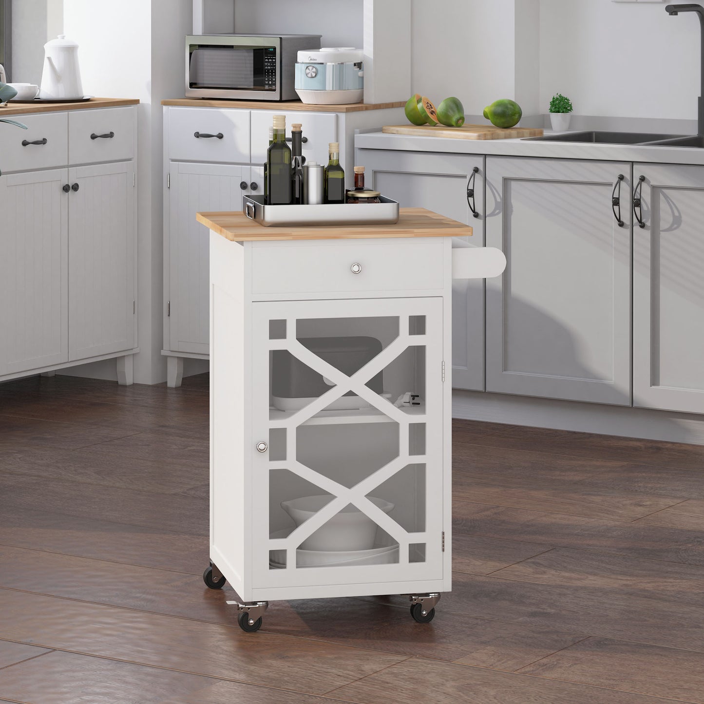 HOMCOM Kitchen Cart on Wheels, Rolling Kitchen Island with Drawer, Glass Door, Towel Rack and Adjustable Shelf, White