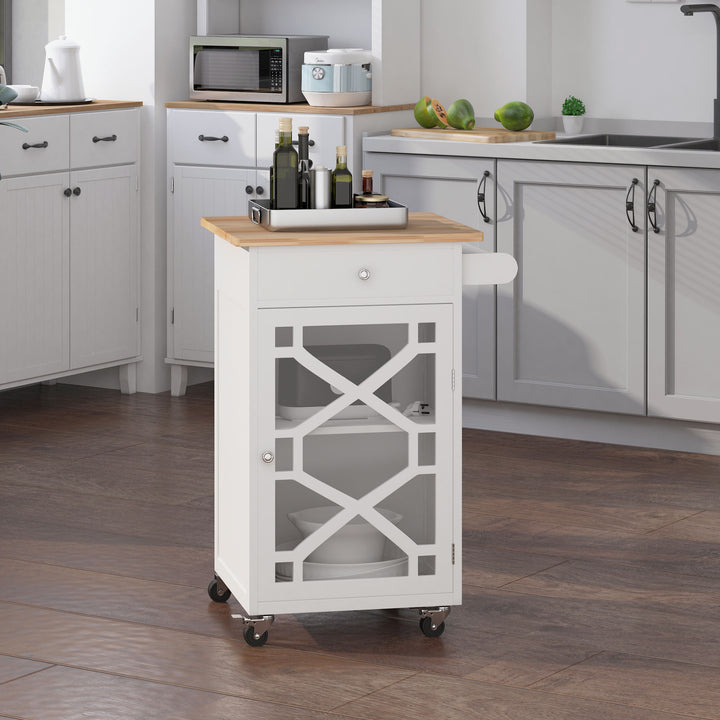 HOMCOM Kitchen Cart on Wheels, Rolling Kitchen Island with Drawer, Glass Door, Towel Rack and Adjustable Shelf, White