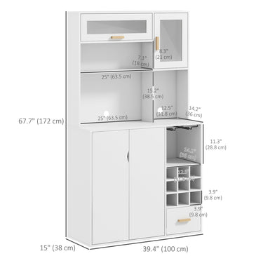HOMCOM Coffee Bar Cabinet, Kitchen Hutch with Wine Storage, Microwave Countertop, Drawer and Tempered Glass Doors, White
