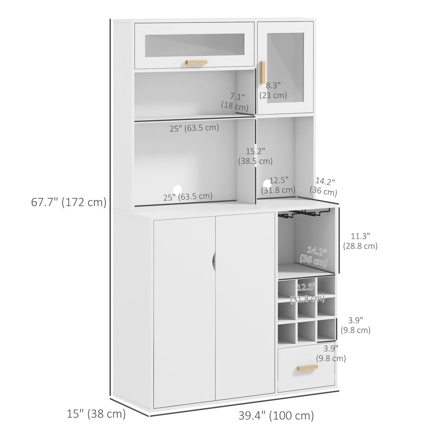 HOMCOM Coffee Bar Cabinet, Kitchen Hutch with Wine Storage, Microwave Countertop, Drawer and Tempered Glass Doors, White