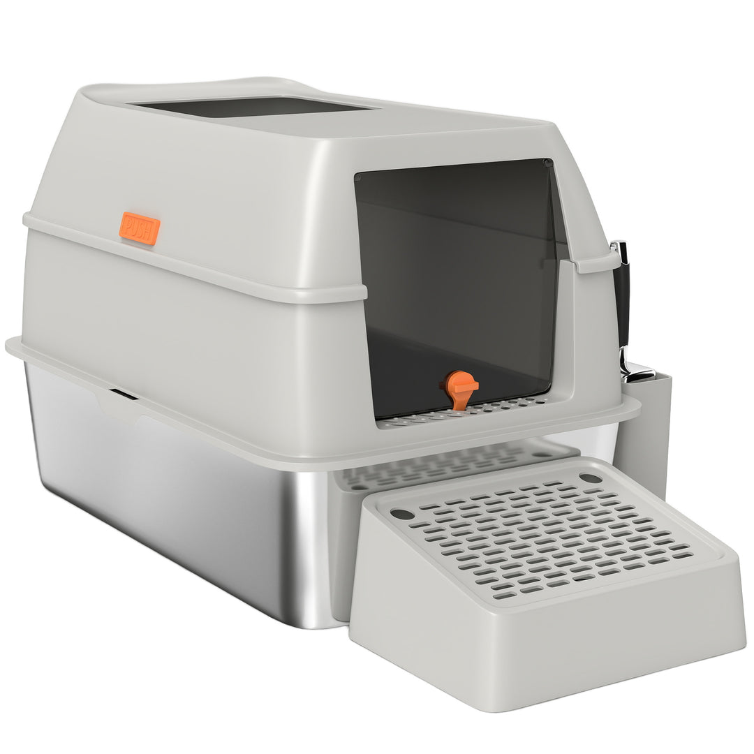PawHut Stainless Steel Cat Litter Box with Lid, High Sided, Scoop, Easy Clean, Non-Sticky & Anti-Leakage, Light Grey