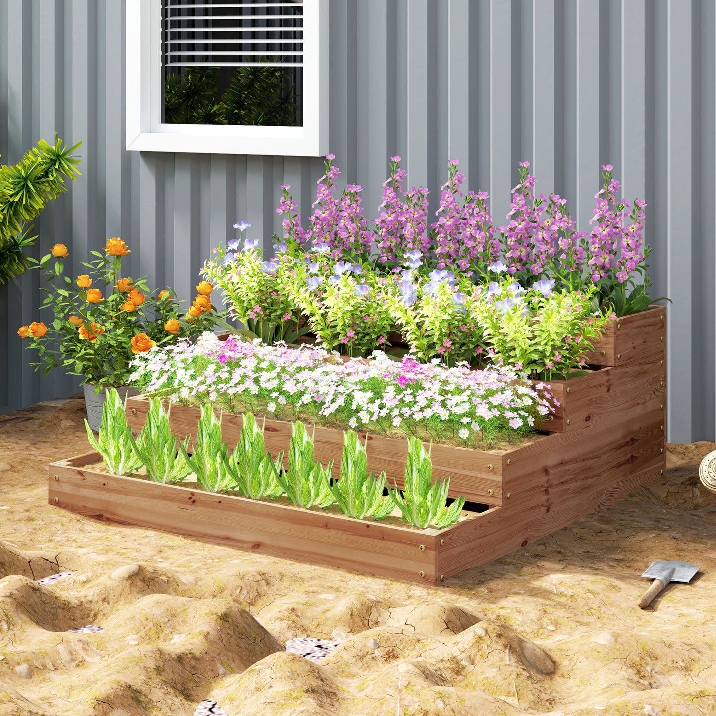 Outsunny 4-Tier Raised Garden Bed, Vertical Wooden Elevated Planter Box Kit with Liner for Vegetable, Flower, Herb, Dark Brown