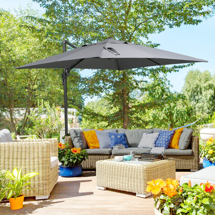 Outsunny 8'x8' Square Patio Hanging Offset Umbrella, Outdoor Cantilever Parasol w/ Cross Base, Cream White