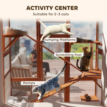 PawHut Wooden Catio Outdoor Cat Enclosure with 6 Jumping Platforms, Scratching Post, 2 Ramps, Waterproof Roof, for 2-3 Kittens
