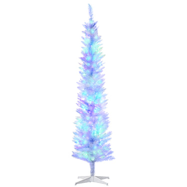 HOMCOM 7' Prelit Christmas Trees, Pencil Artificial Christmas Tree with Colourful Surface Tips, Colourful LED Lights, White