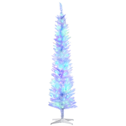 HOMCOM 7' Prelit Christmas Trees, Pencil Artificial Christmas Tree with Colourful Surface Tips, Colourful LED Lights, White