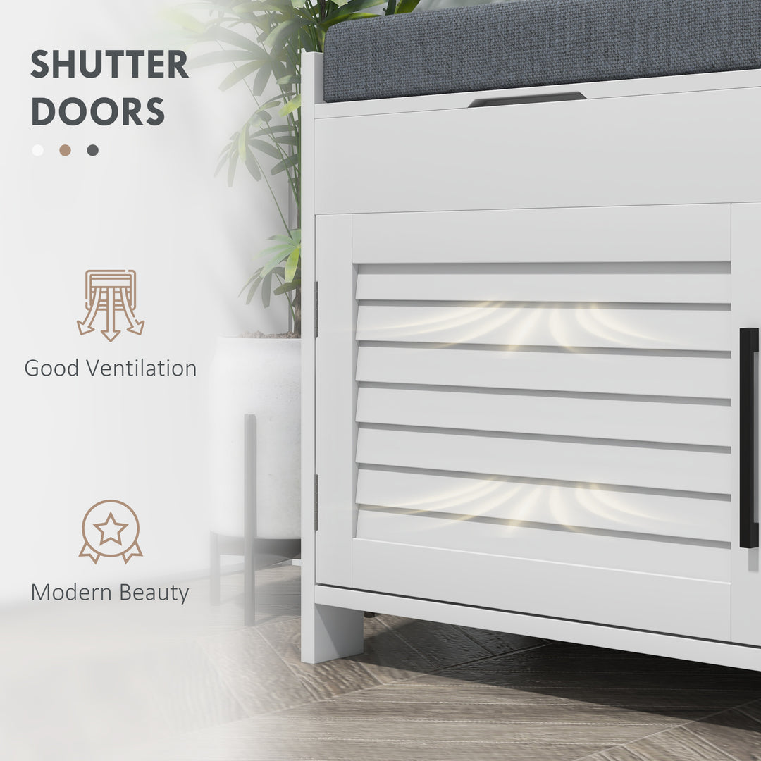 HOMCOM Entryway Bench with Cushion, Hidden Storage, Adjustable Shelves and Shutter Doors, 35.4" Shoe Bench, White