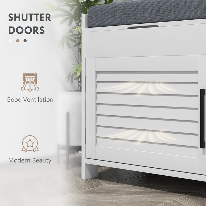 HOMCOM Entryway Bench with Cushion, Hidden Storage, Adjustable Shelves and Shutter Doors, 35.4" Shoe Bench, White