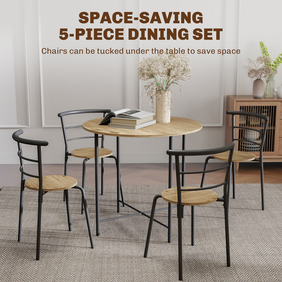 HOMCOM 5 Piece Dining Table Set, Space Saving Round Dining Set for 4 with Metal Frame for Small Spaces, Black Wood Grain