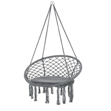 Outsunny Patio Hammock Chair, Hanging Rope Hammock Swing for Indoor & Outdoor Use with Backrest, Cotton-Polyester Blend, Fringe Tassels, Dark Grey