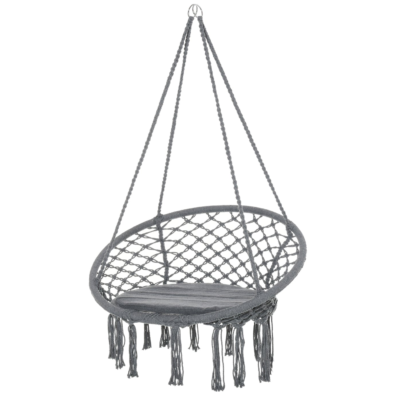Outsunny Patio Hammock Chair, Hanging Rope Hammock Swing for Indoor & Outdoor Use with Backrest, Cotton-Polyester Blend, Fringe Tassels, Dark Grey