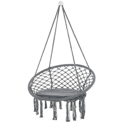 Outsunny Patio Hammock Chair, Hanging Rope Hammock Swing for Indoor & Outdoor Use with Backrest, Cotton-Polyester Blend, Fringe Tassels, Dark Grey