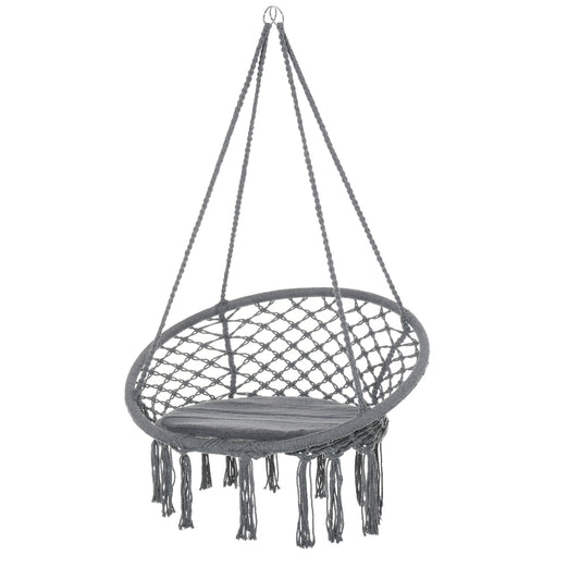 Outsunny Patio Hammock Chair, Hanging Rope Hammock Swing for Indoor & Outdoor Use with Backrest, Cotton-Polyester Blend, Fringe Tassels, Dark Grey
