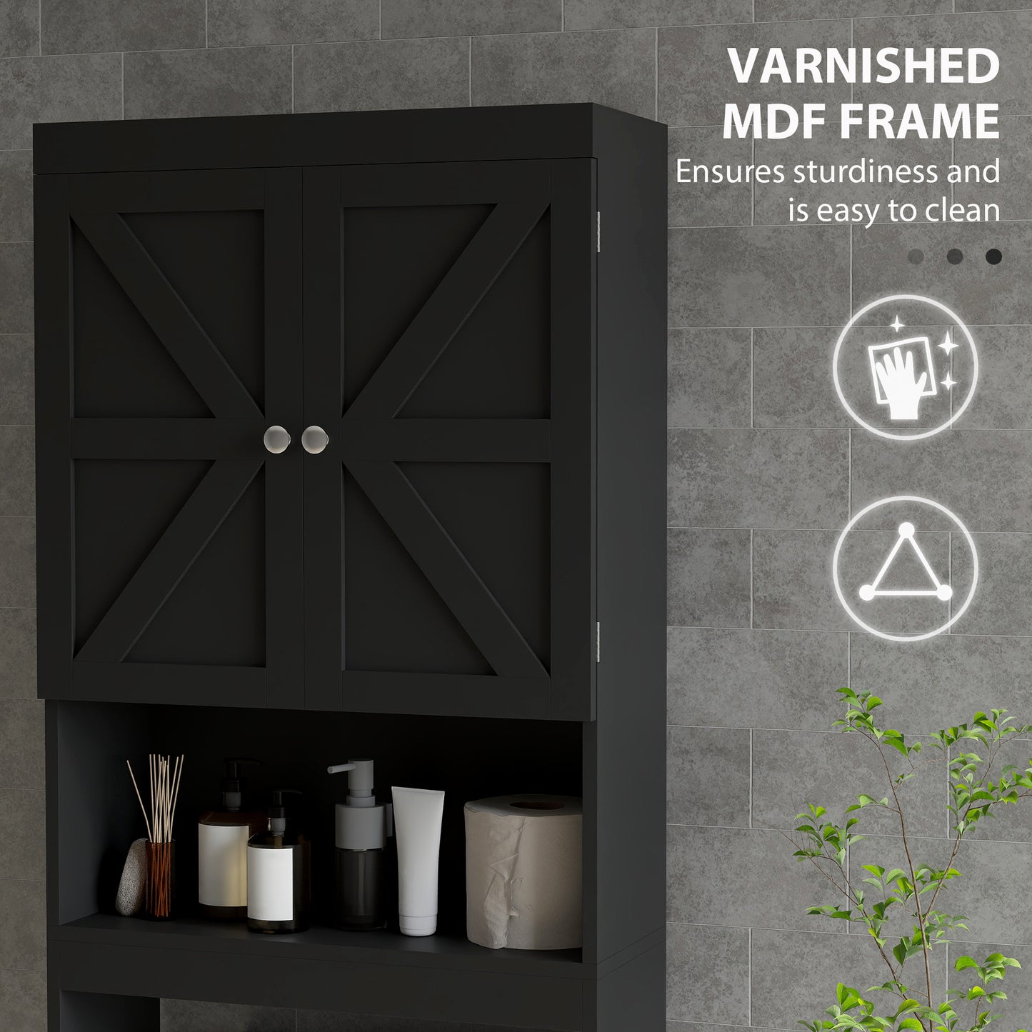 HOMCOM Over The Toilet Cabinet, Modern Bathroom Above Toilet Storage with Barn Doors and Open Shelf, Black