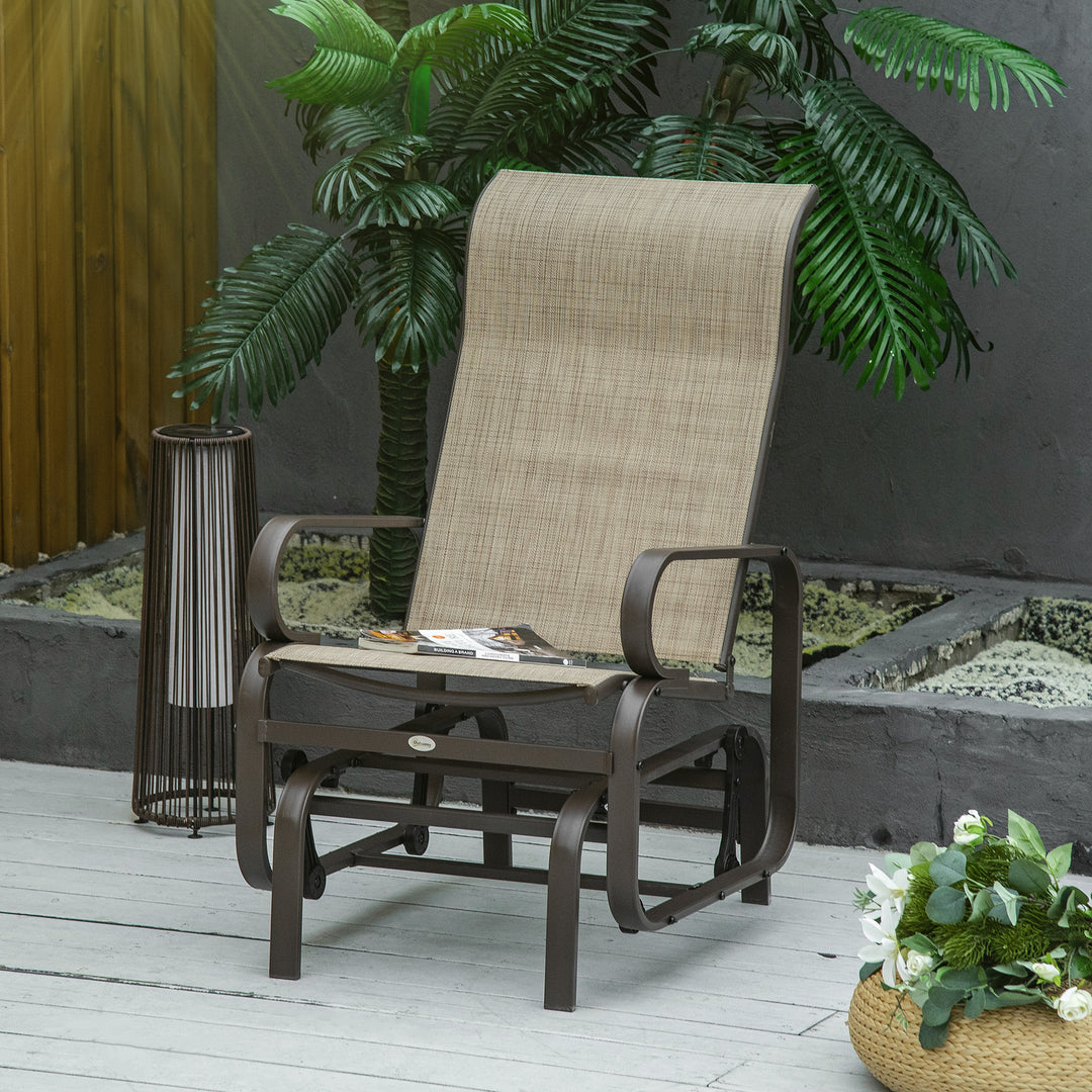 Outsunny Patio Glider with Breathable Mesh Fabric, Outdoor Glider Chair, Garden Rocking Gliding Seat for Patio, Yard, Porch, Brown/Flaxen