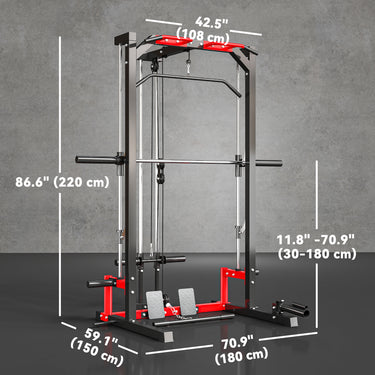 Soozier Smith Machine Power Rack with Pull Up Bar, Lat Pull Down System, Landmine, Squat Rack, Barbell Bar, for Home Gym
