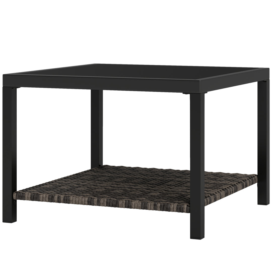 Outsunny 23.6" Rattan End Table, Outdoor Coffee Table with Tempered Glass Top, Storage Shelf for Patio, Garden, Balcony, Black