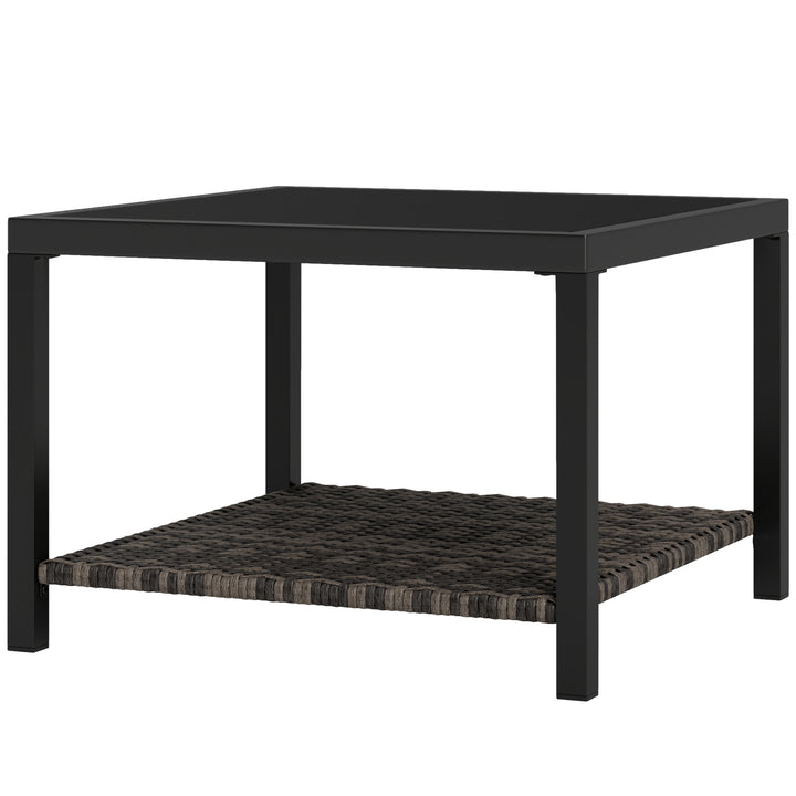 Outsunny 23.6" Rattan End Table, Outdoor Coffee Table with Tempered Glass Top, Storage Shelf for Patio, Garden, Balcony, Black