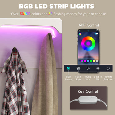 HOMCOM 3-in-1 Hall Tree with LED Lights and Bench, Coat Rack with Shoe Storage, White Wood Grain with Light