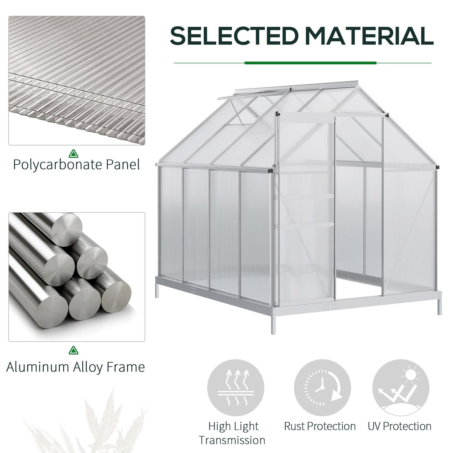 Outsunny 6' x 12' x 6.5' Walk-in Greenhouse, Polycarbonate Greenhouse with Adjustable Roof Vent, Base, Sliding Door, Clear