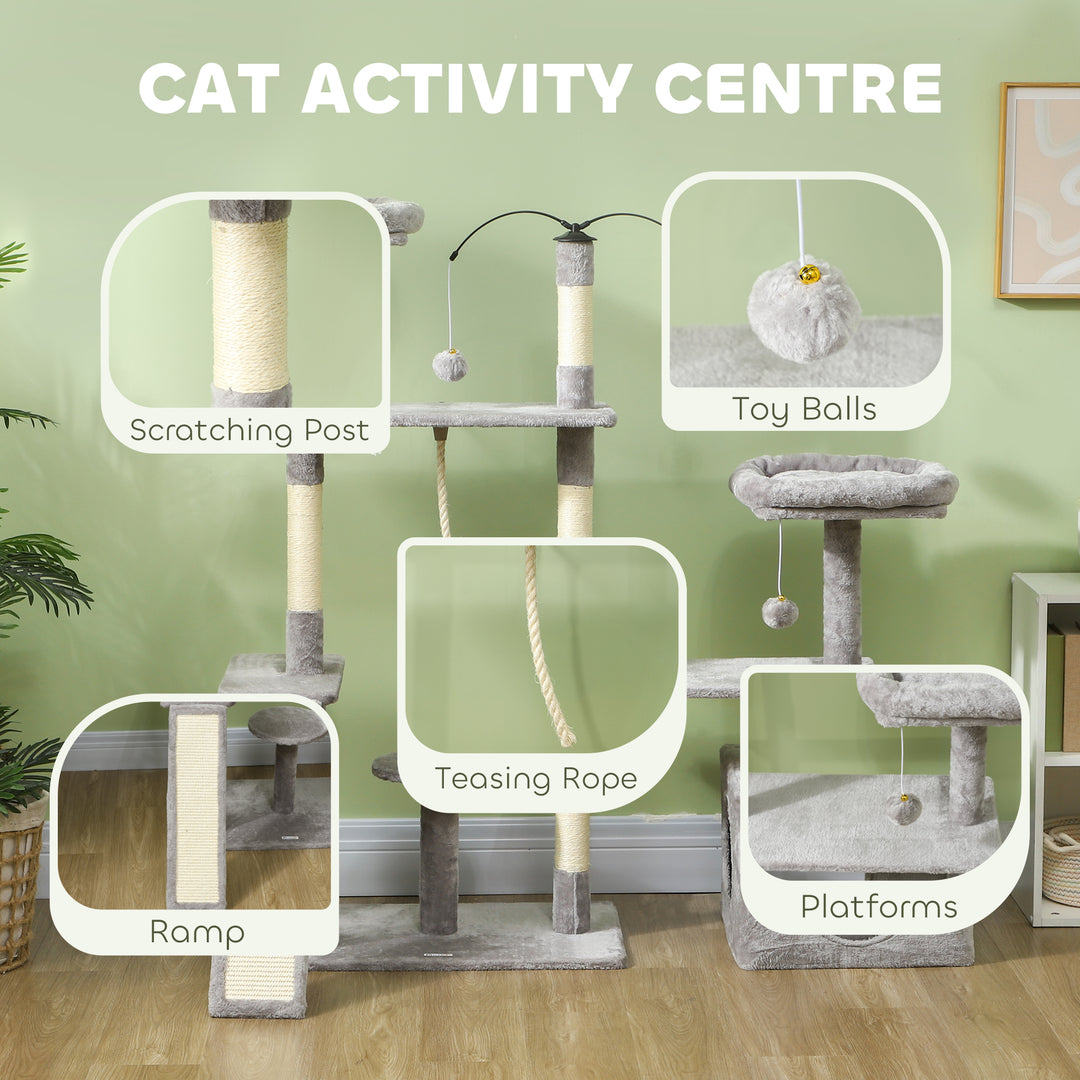 PawHut 53" Cat Tree, Cat Tower with Scratching Posts, Cat Condo, Beds, Platforms, Toy Balls for Indoor Cats, Dark Grey