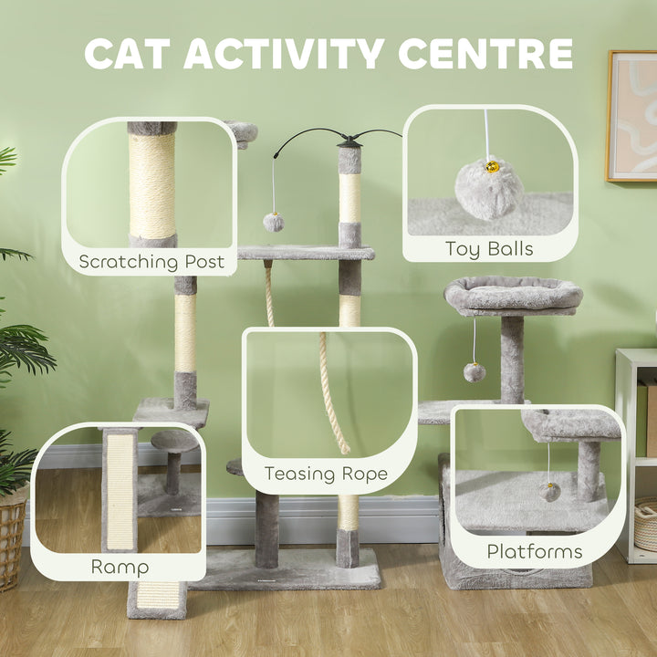 PawHut 53" Cat Tree, Cat Tower with Scratching Posts, Cat Condo, Beds, Platforms, Toy Balls for Indoor Cats, Dark Grey