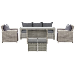 Outsunny 6 Pcs Patio Furniture Set, Rattan Outdoor Furniture Set with 3 Seater Sofa, Armchairs, Footstools and Table, Dark Grey