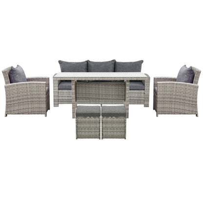 Outsunny 6 Pcs Patio Furniture Set, Rattan Outdoor Furniture Set with 3 Seater Sofa, Armchairs, Footstools and Table, Dark Grey