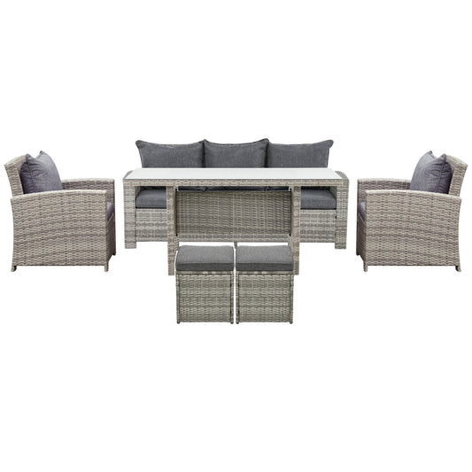 Outsunny 6 Pcs Patio Furniture Set, Rattan Outdoor Furniture Set with 3 Seater Sofa, Armchairs, Footstools and Table, Dark Grey