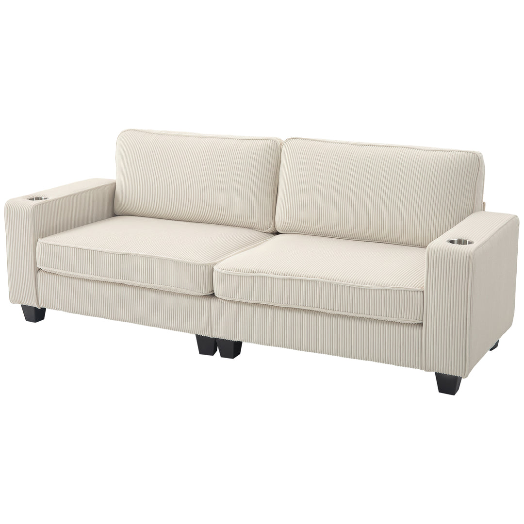 HOMCOM Three Seater Sofa, Fabric 3 Seater Couch with Spring Cushion and Cup Holders for Living Room, Bedroom, Cream White