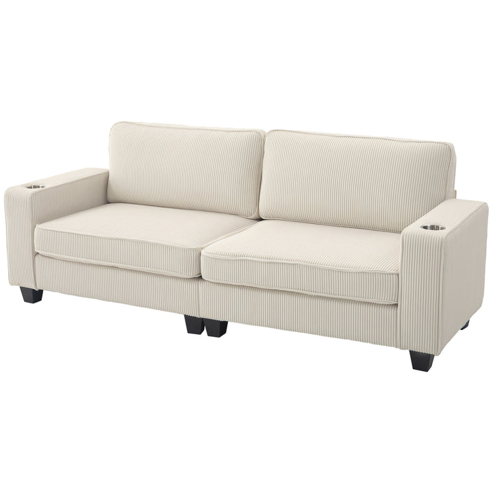 HOMCOM Three Seater Sofa, Fabric 3 Seater Couch with Spring Cushion and Cup Holders for Living Room, Bedroom, Cream White