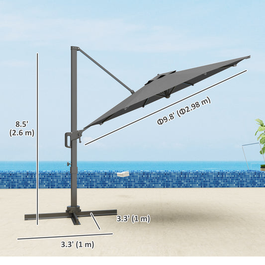 Outsunny 10' Offset Patio Umbrella Cantilever Umbrella with Aluminium Pole 360Â° Rotation and Tilt Adjustment, Grey