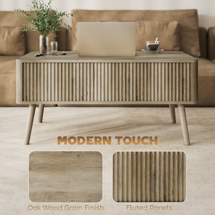 HOMCOM Lift Top Coffee Table with Storage, Center Table with Hidden Compartments and Pine Wood Legs for Living Room, Oak