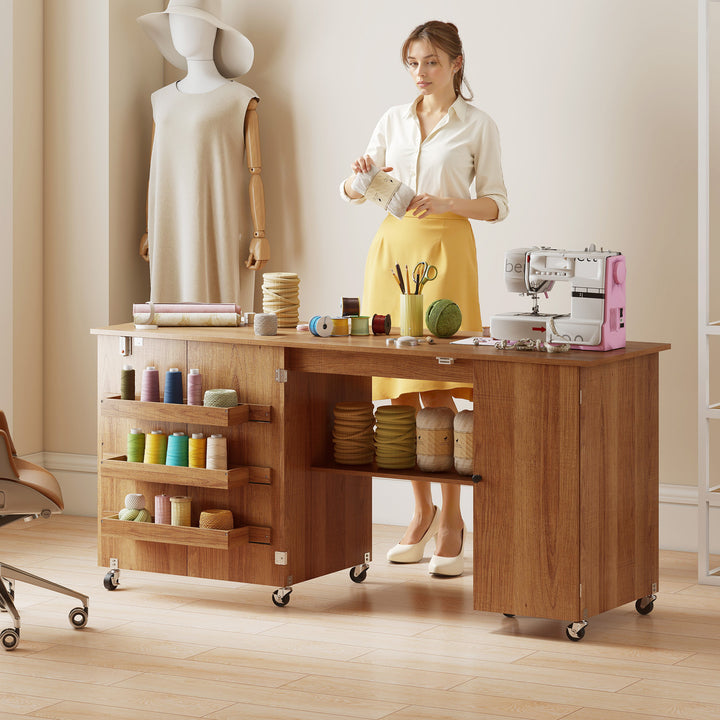 HOMCOM Sewing Machine Table with Drop Leaf, Folding Craft Table with 2 Doors and Adjustable Shelf for Small Spaces, Natural