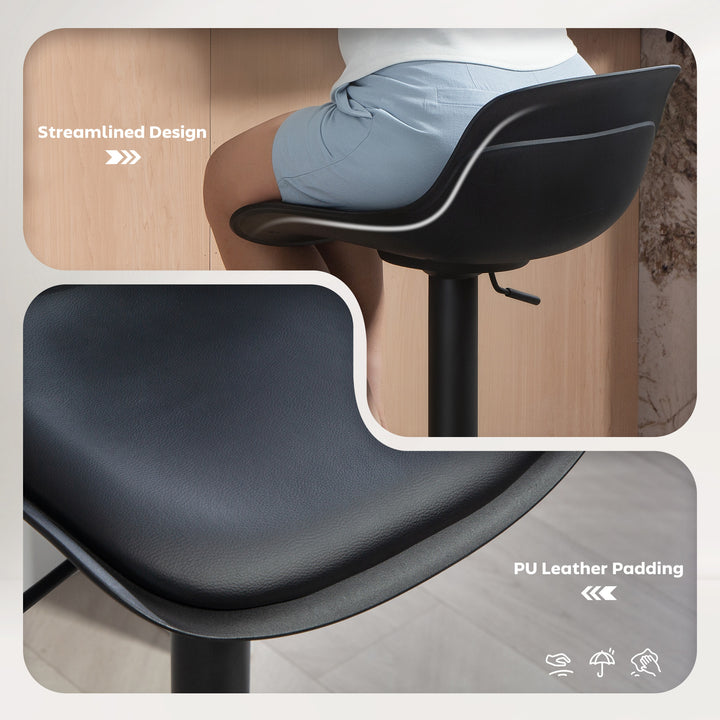 HOMCOM Counter Height Bar Stools Set of 2, Streamlined Bar Chairs with Adjustable Height and Swivel PU Leather Seat, Black