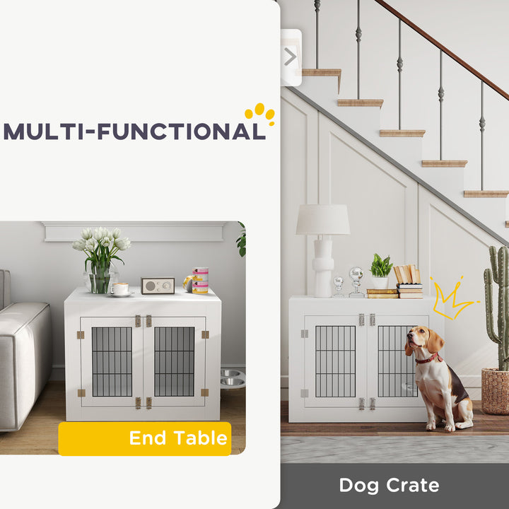 PawHut Dog Crate Furniture with 360° Rotatable Removable Dog Bowls, Two Doors, for Medium Dogs, 31.5" x 24" x 25", White