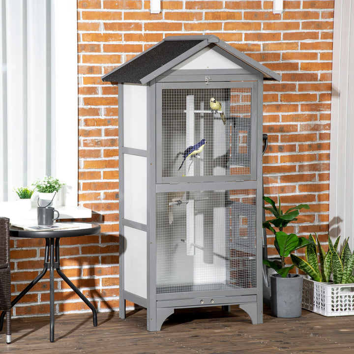 PawHut Wooden Bird Aviary Parrot Cage Pet Furniture with Removable Bottom Tray, 2 Doors, Asphalt Roof, 4 Perches, Light Grey