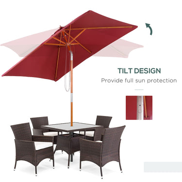 Outsunny 6.6x5ft Square Market Parasol, Wooden Patio Umbrella with Tilt Mechanism and 6 Bamboo Ribs, Garden Sunshade, Wine Red