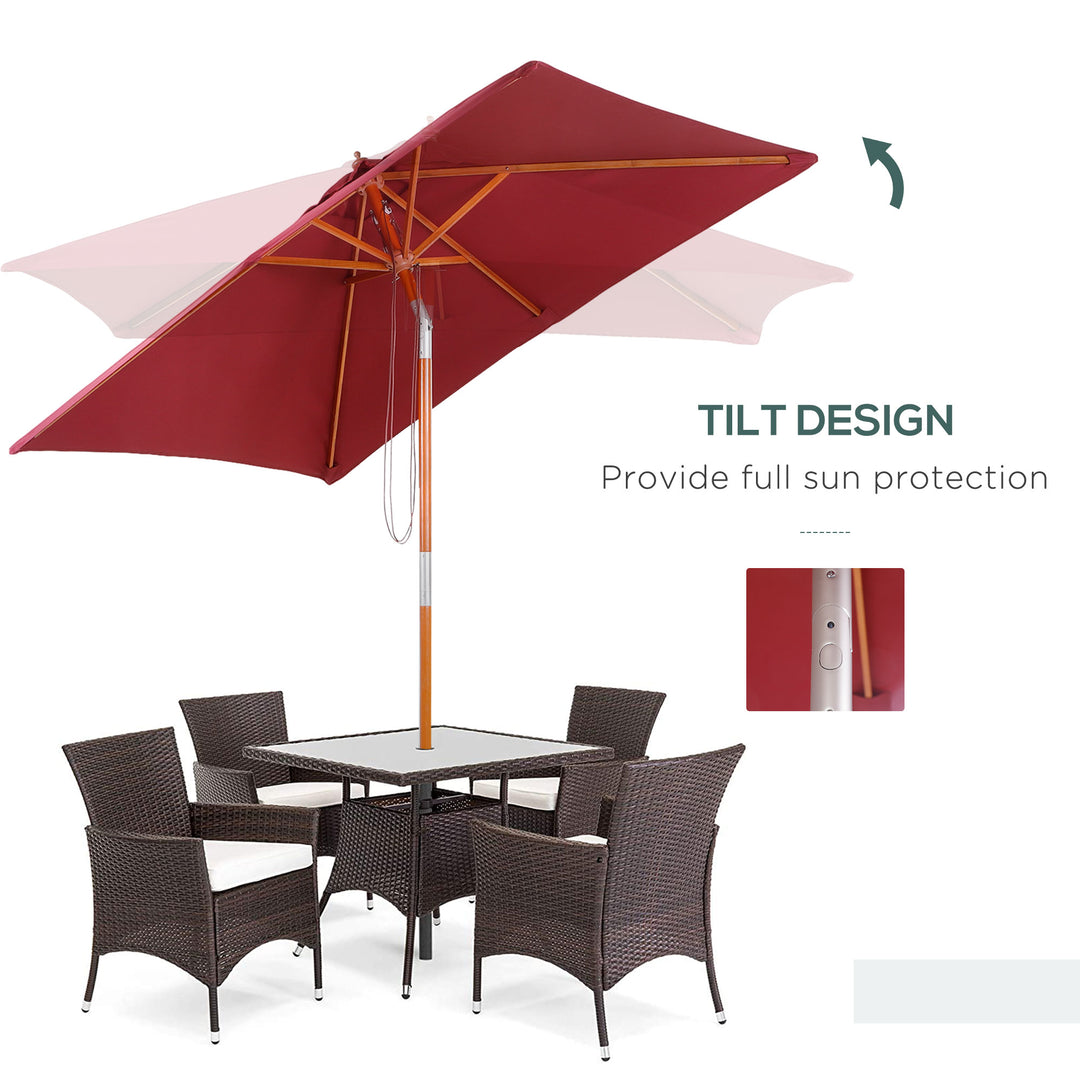 Outsunny 6.6x5ft Square Market Parasol, Wooden Patio Umbrella with Tilt Mechanism and 6 Bamboo Ribs, Garden Sunshade, Wine Red
