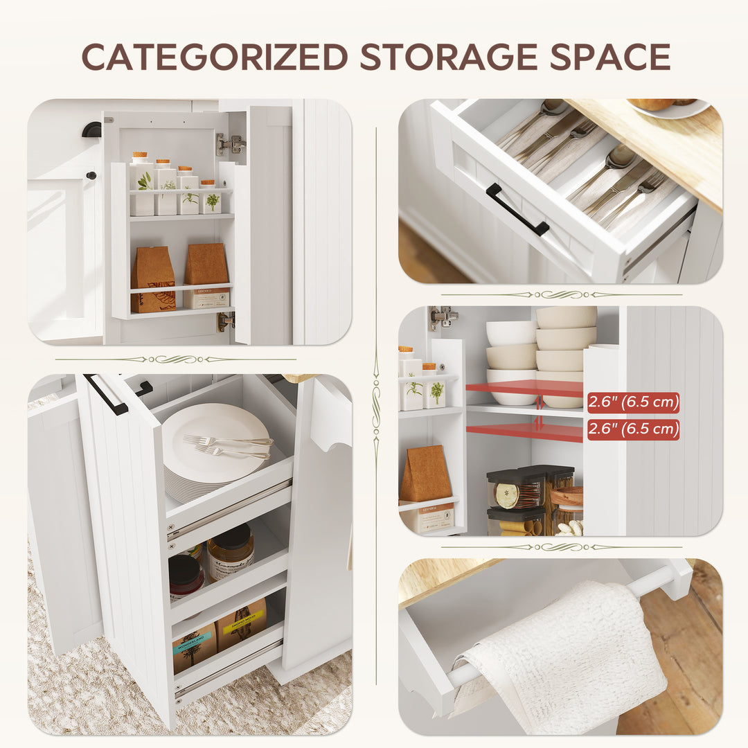 HOMCOM Kitchen Island on Wheels with Wood Drop Leaf, Charging Station, Rolling Kitchen Cart with Adjustable Shelf, White