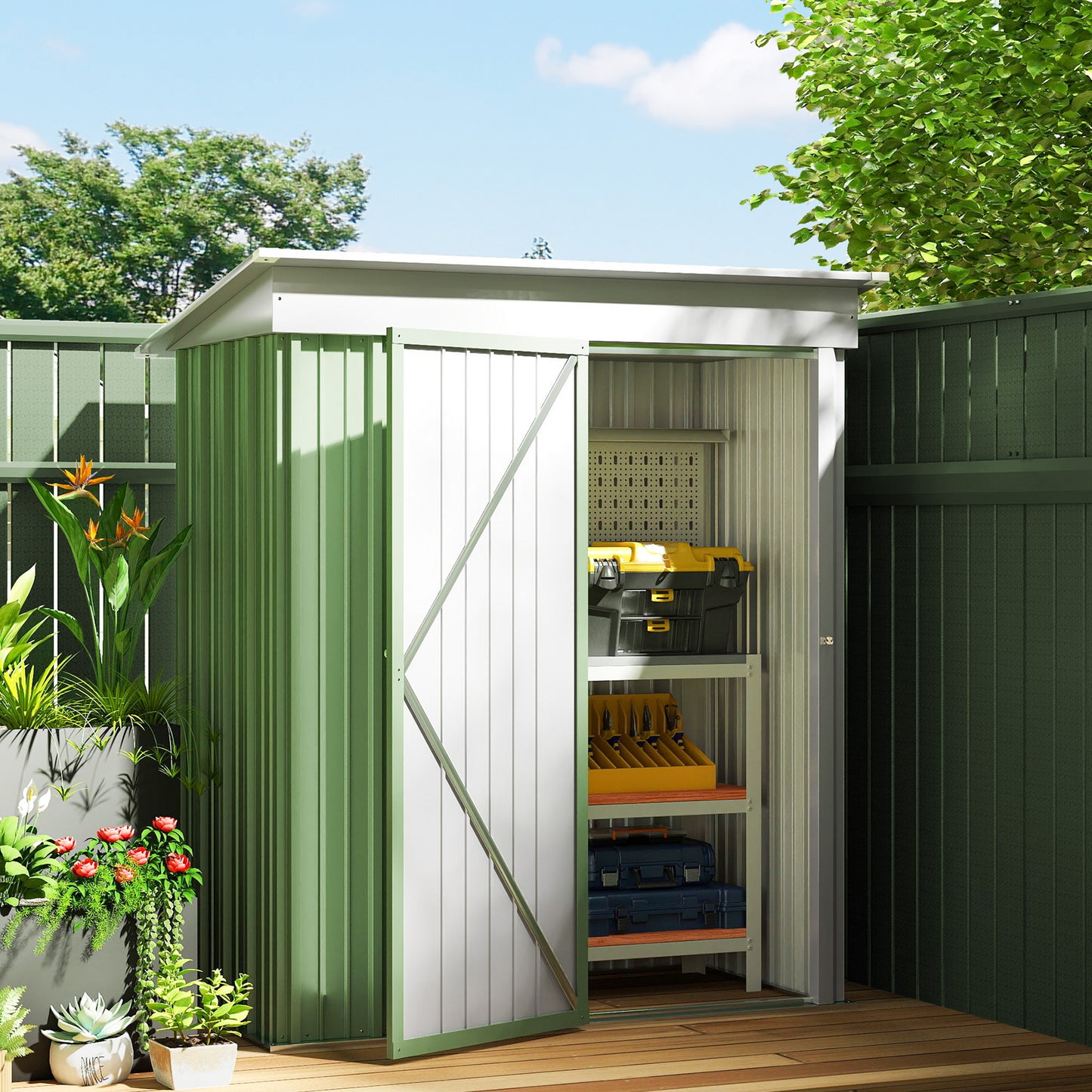 Outsunny Outdoor Storage Shed, Steel Lean-to Shed with Adjustable Shelf, Lock, Gloves, 5'x3'x6', Green