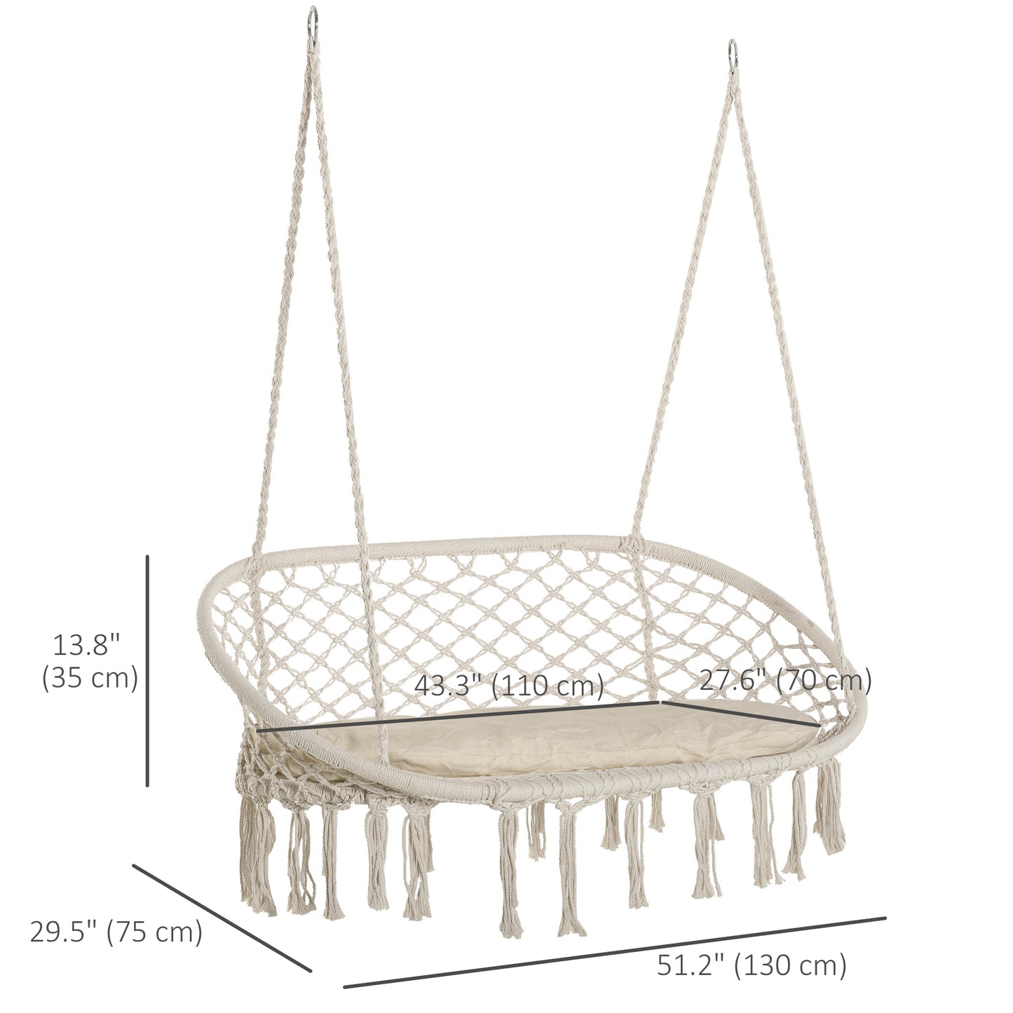 Outsunny Patio Hammock Chair 2 Seat, Hanging Rope Hammock Swing Chair with Metal Frame and Cushion, Large Macrame Seat for Indoor and Outdoor 396 lbs Capacity, Dark Grey